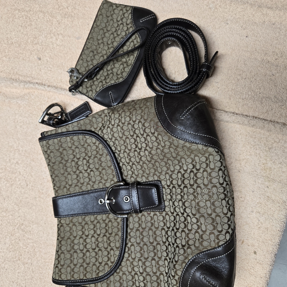 Coach Black and Brown Shoulder Bag with Geometric Pattern